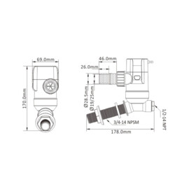 Centrifugale Pomp, Inline uitvoering met schuine hoek, 24v, 69 l/min (1100 GPH)