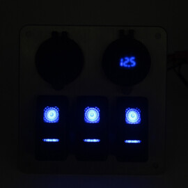 Stainless Steel 316L Switch Panel, 3 Way, Cigarette Lighter, Double USB Connection with Voltmeter, 12-24V, Blue LED, IP65