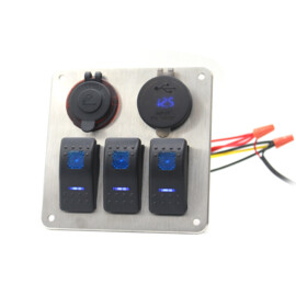 Stainless Steel 316L Switch Panel, 3 Way, Cigarette Lighter, Double USB Connection with Voltmeter, 12-24V, Blue LED, IP65