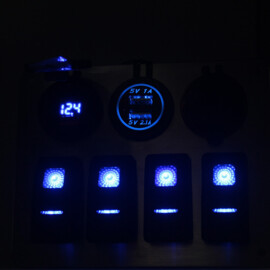 Stainless Steel 316L Switch Panel, 4 Way, Cigarette Lighter, 2x Double USB Connection with Voltmeter, 12-24V, Blue LED, IP65