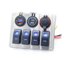 Stainless Steel 316L Switch Panel, 4 Way, Cigarette Lighter, 2x Double USB Connection with Voltmeter, 12-24V, Blue LED, IP65