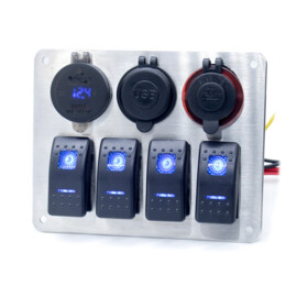 Stainless Steel 316L Switch Panel, 4 Way, Cigarette Lighter, 2x Double USB Connection with Voltmeter, 12-24V, Green LED, IP65