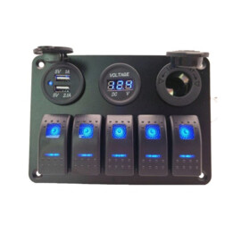 Black aluminum switch panel, 5 way, Cigarette Lighter, Dual USB Connection and voltmeter, 12-24V, blue LED, IP65
