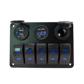 Black aluminum switch panel, 5 way, Cigarette Lighter, Dual USB Connection and voltmeter, 12-24V, blue LED, IP65