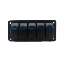 Black aluminum Switch panel, 5 way, 12-24V, Blue LED, IP65