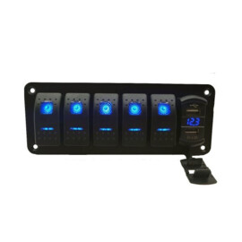 Zwart aluminium schakelpaneel, 5 voudig met voltmeter + 2 USB aansluitingen, 12-24V, blauwe LED, IP65