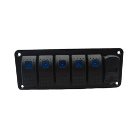 Zwart aluminium schakelpaneel, 5 voudig met voltmeter + 2 USB aansluitingen, 12-24V, blauwe LED, IP65