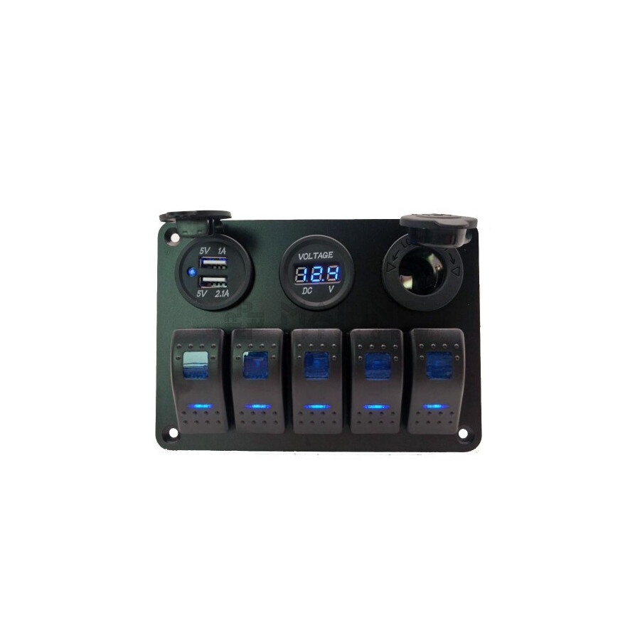 Schwarzes Aluminium-Schaltfeld, 5-Wege, Zigarettenanzünder,  Dual-USB-Anschluss und Voltmeter, 12-24V, blaue LED, IP65, Parts United  Marine & Offshore